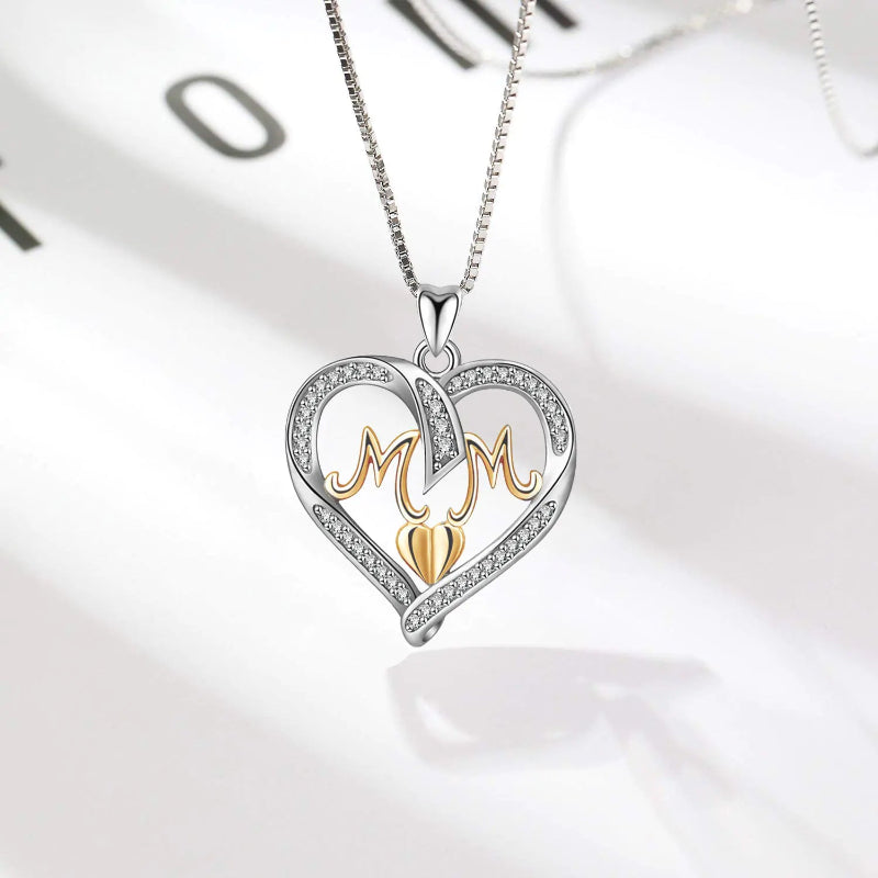 S925 Sterling Silver Heart MOM Pendant Necklace for Women