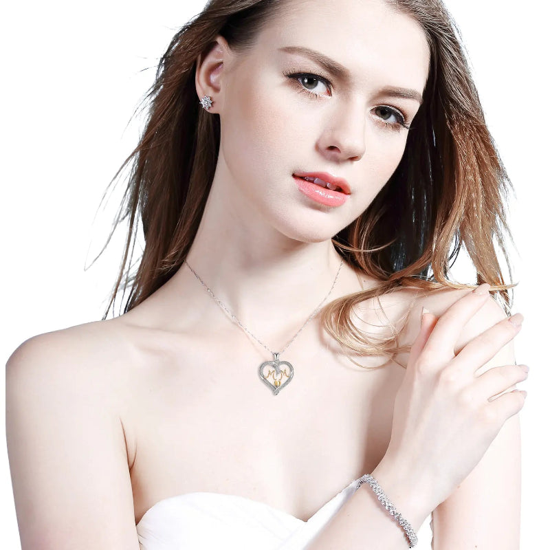 S925 Sterling Silver Heart MOM Pendant Necklace for Women