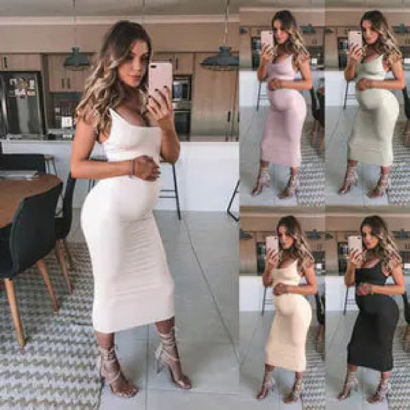 Solid Color Maternity Dress with Spaghetti Straps